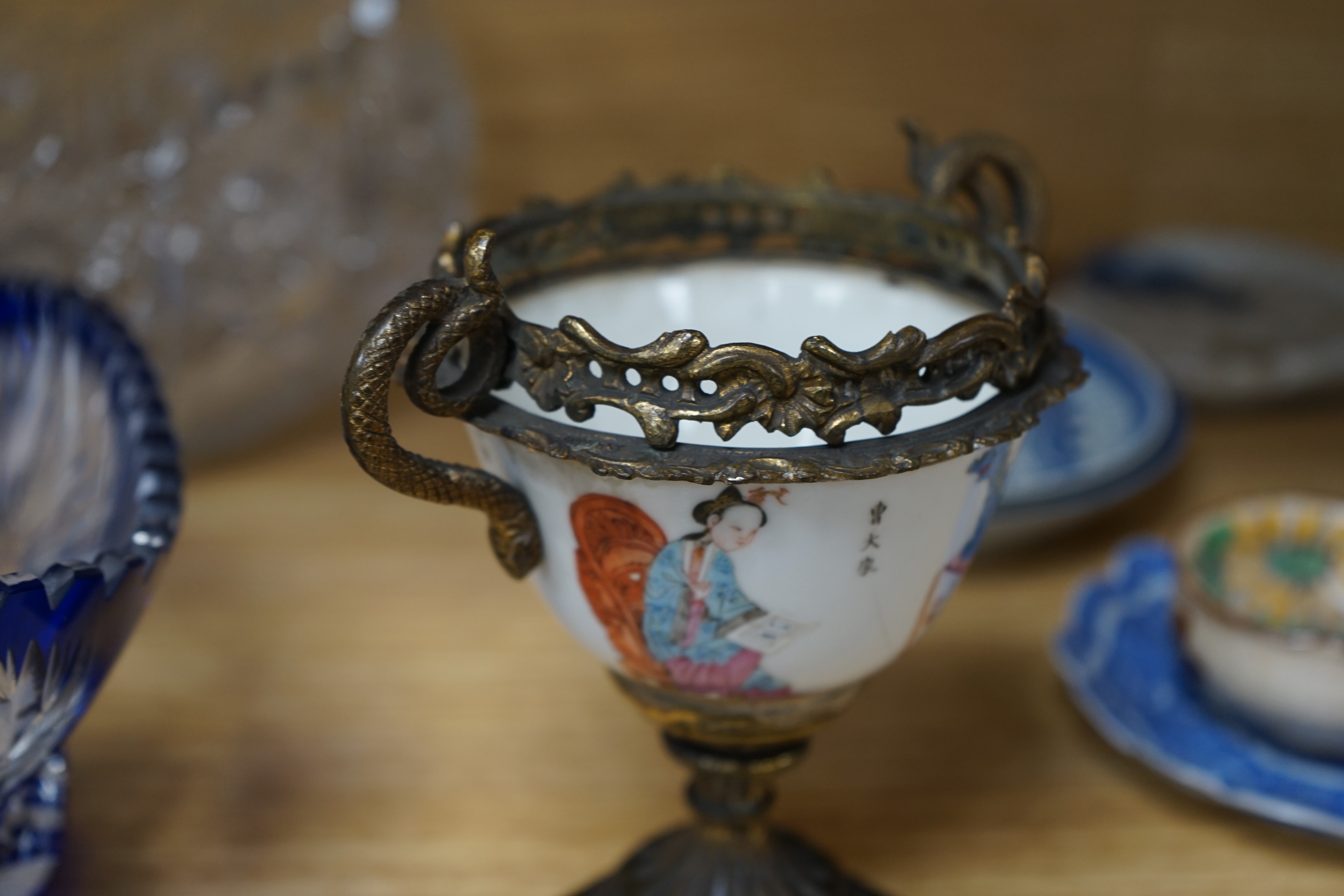Two cut glass bowls and a Chinese brass mounted cup, 16cm